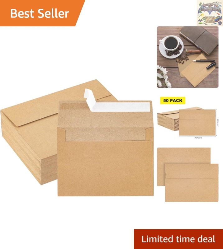 50 Pack Brown Kraft Paper Envelopes 5x7, Self-Seal for Invitations & Postcards