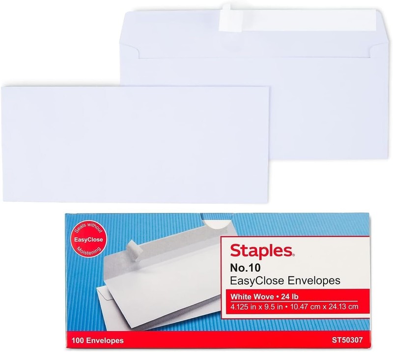 Staples #10 EasyClose Envelopes, White, Self‑Seal, Standard One Size, White