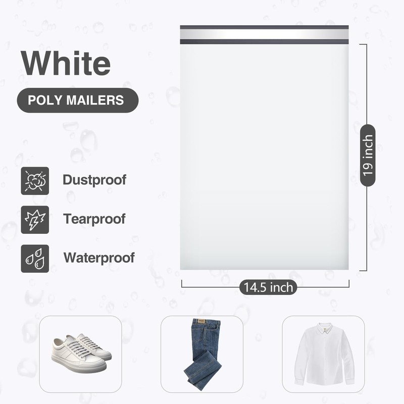 50 PCS White Poly Mailers 14.5x19 Inch Shipping Bags Waterproof TearProof gallery