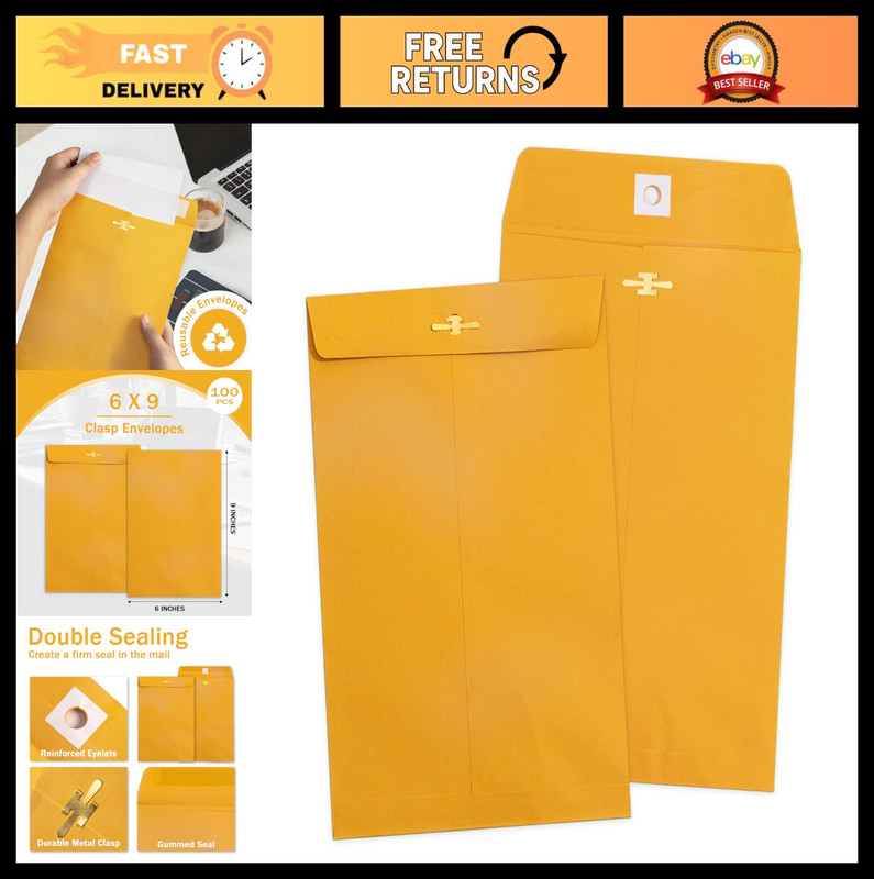 100 Pack 6×9 Clasp Envelopes – Heavyweight Yellow Manilla Kraft for Business & L