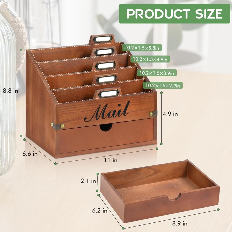 VOOTTOU Wood Mail Organizer Countertop w/ 4 Compartments & Drawer gallery