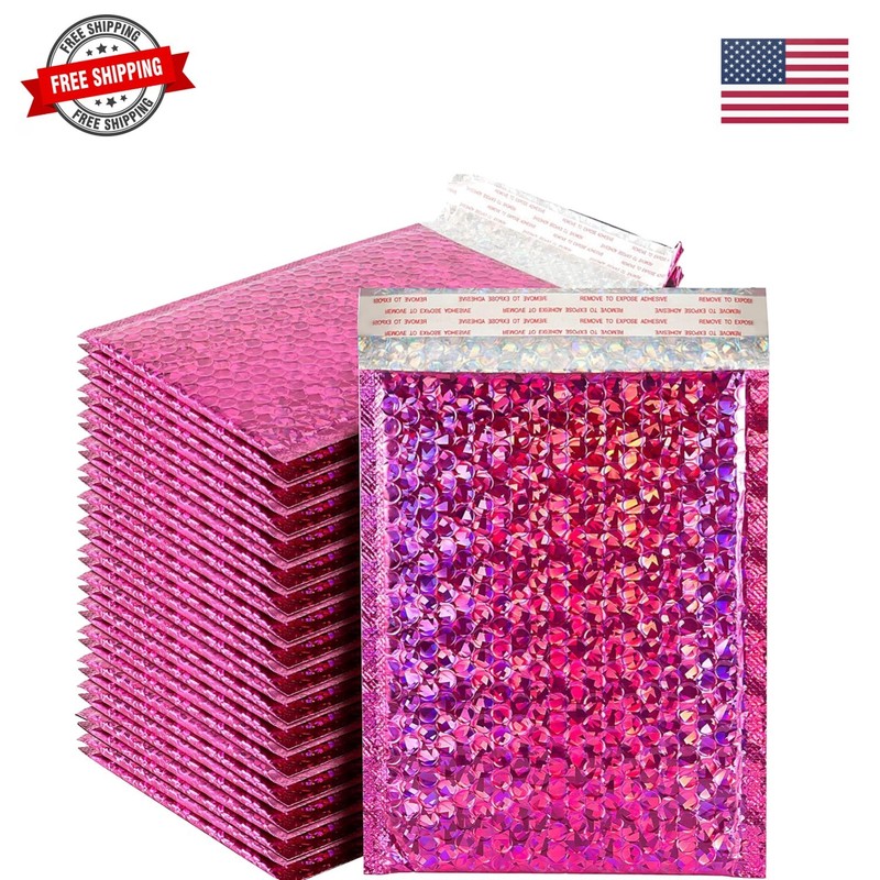 50 Pieces Holographic Metallic Bubble Mailers Pink, 11 x 7 Inch Self-adhesive…
