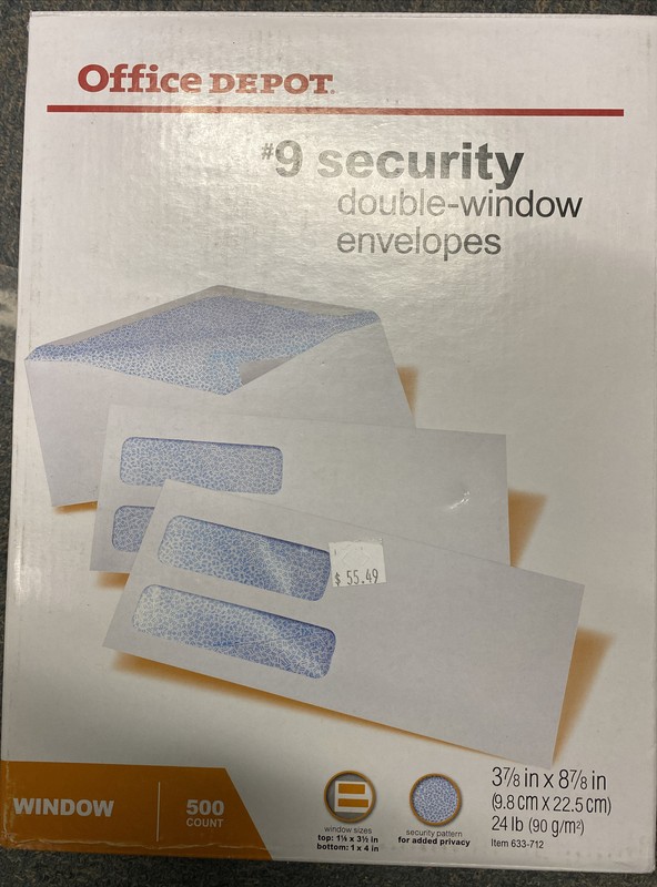 OFFICE DEPOT 9″ SECURITY DOUBLE-WINDOW 500 ENVELOPES -NEW