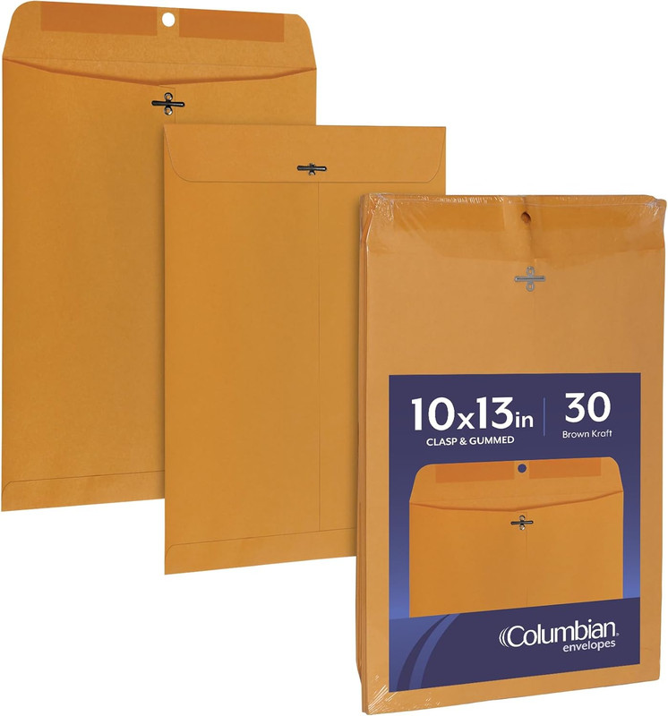 10 X 13 Clasp Envelopes, Gummed, 28 Lb Brown Kraft, for Mailing Flat Letter Size