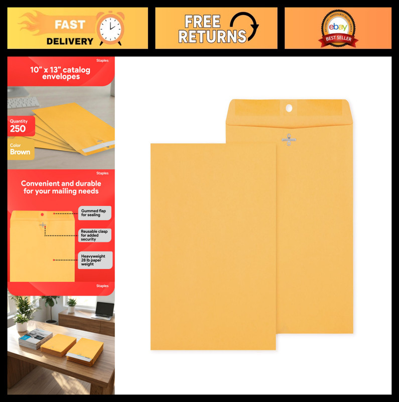 Kraft Clasp & Gummed Catalog Envelopes 10×13, Brown Manila, 250 Pack, Strong Clo