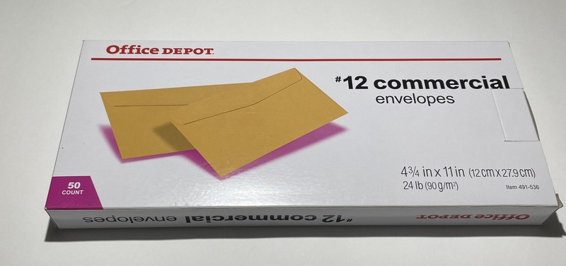 #12 Commercial Envelopes 24lb 50-count box 4.75 x 11″ Office Depot 491-536