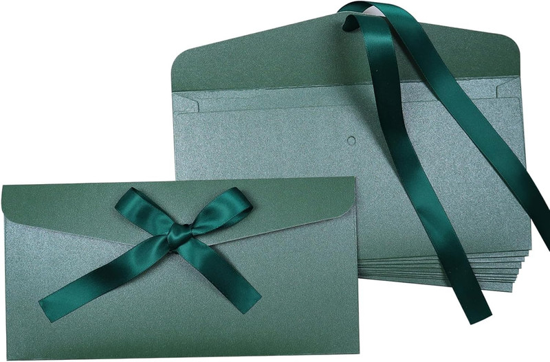 10 Pieces Ribbon Bow Kraft Paper Envelopes, Thick Pearlescent Color Envelope for