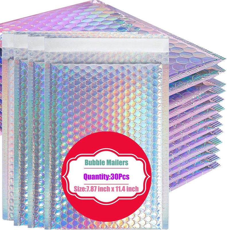 30 PCS Metallic Bubble Mailers,Poly Padded Envelopes,Holographic Bubble Mailers,