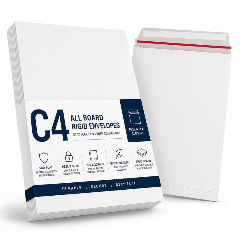C4 All Board Rigid White Envelopes Peel & Seal Stay Flat A4 Board Mailers 324×22