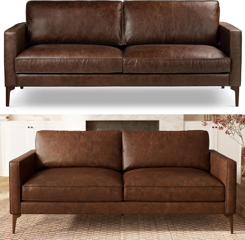 Mateo 82” Sofa – Chocolate Brown Full-Grain Pure-Aniline Italian Leather, Feathe