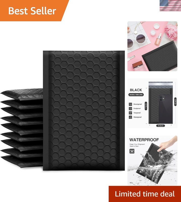 Durable 4×8 Black Bubble Mailers 50 Pack – Waterproof & Self-Sealing Envelopes