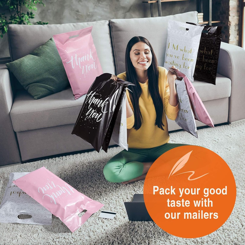 Thank You Poly Mailers 14.5X19 50 Pcs, Easy to Carry Shipping Bags with Handle, gallery