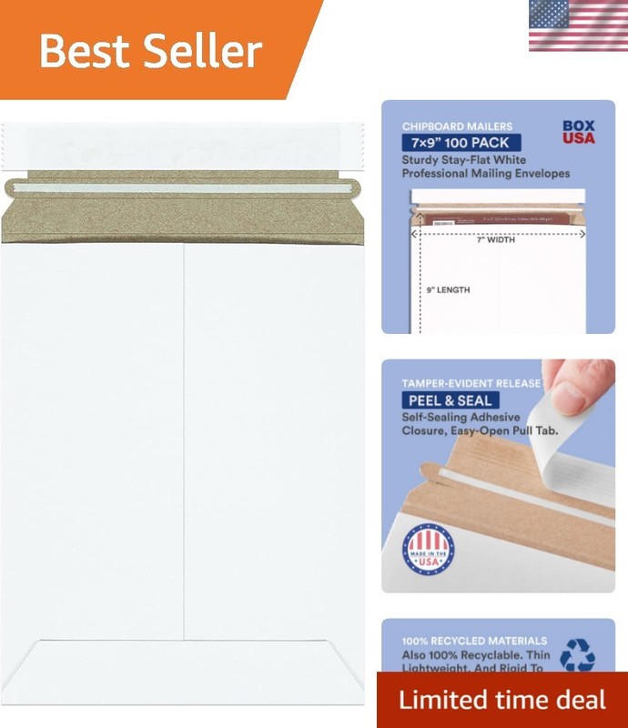 100 Pack StayFlat Self-Seal Mailer Envelopes 7” x 9” for Safe Document Shipping