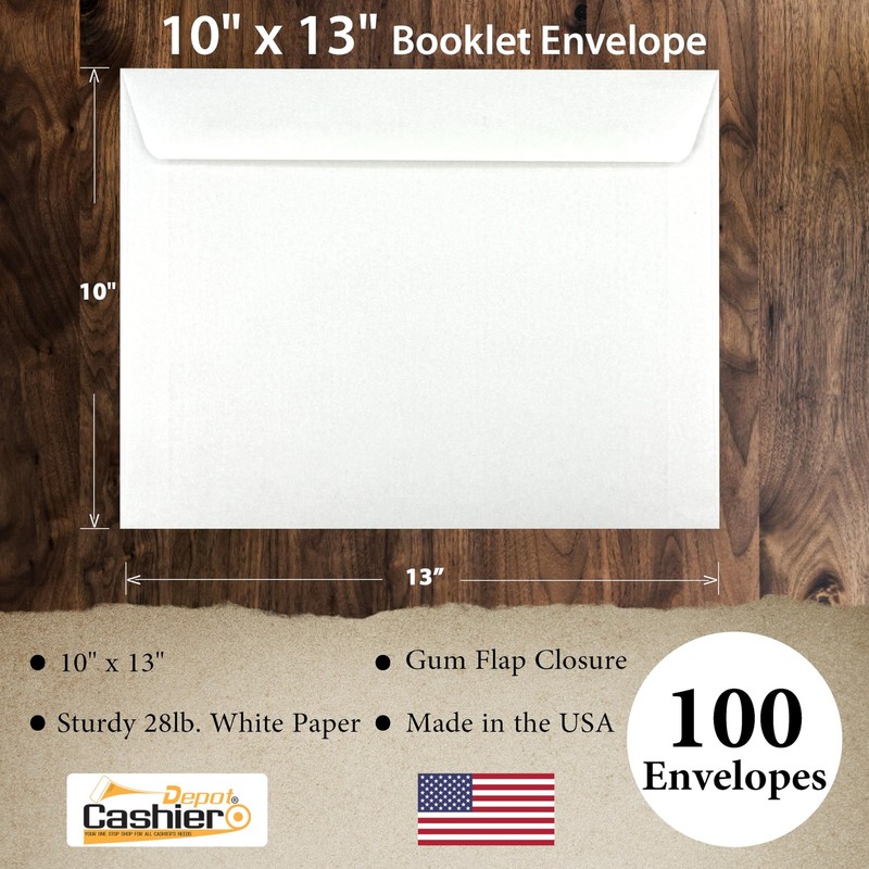 100 Cashier Depot - 10" x 13" Booklet Envelopes, Heavy 28 lb White Wove Paper... gallery