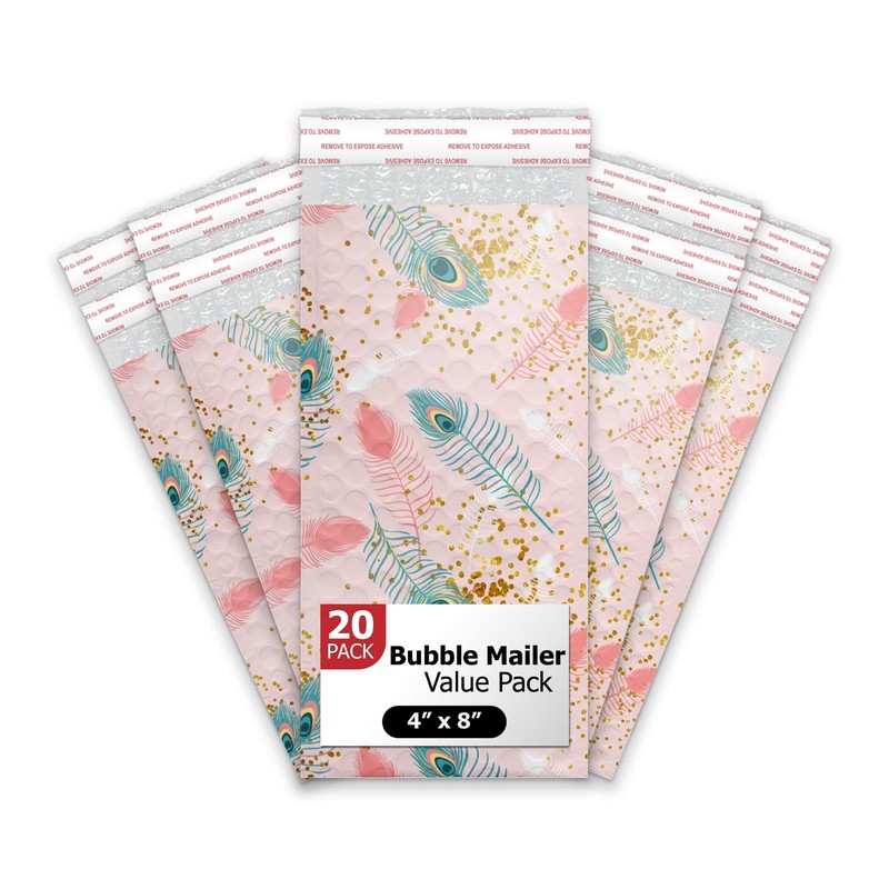 4×8 (20pcs) Pink Peacock Designer Self Seal Poly Bubble Mailers Shipping Enve…