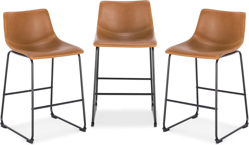 Brinley Counter Stool Set of 3 - Modern Tan Faux Leather for Kitchen Island