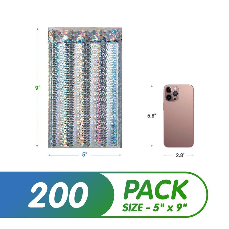 Holographic Metallic Bubble Mailers, 5x9 Inches, 200 Pack, Waterproof Self-Seal gallery