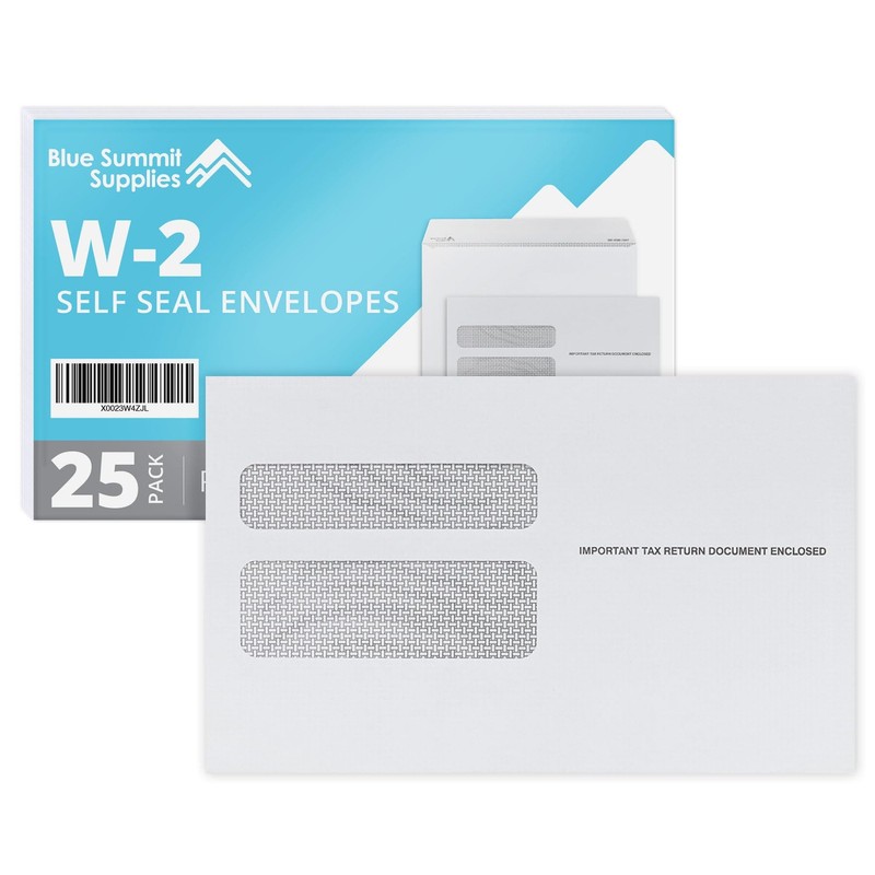 Blue Summit 25 W2 Envelopes 2025 Self Seal, W-2 Double Window Security Envelo…
