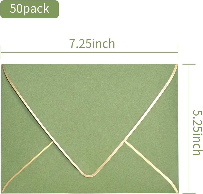 Thick Luxury Sage Green Envelopes with Gold Border - 5.25 x 7.25 Inches, 25 Pack gallery