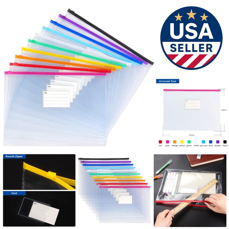 Portable Plastic Zip Envelopes – 10 Assorted Colors for Easy Document Management