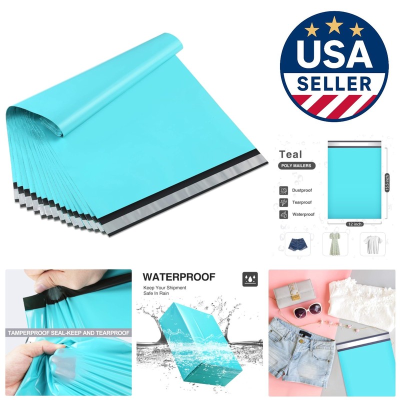 50 Pack Teal Poly Mailers 12×15.5″ Self-Sealing Waterproof and Tear-Proof Bags