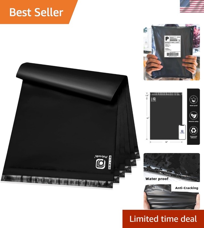 100 Pcs 10×13 Inch Black Poly Mailers – Waterproof Shipping Envelopes, Self-Seal