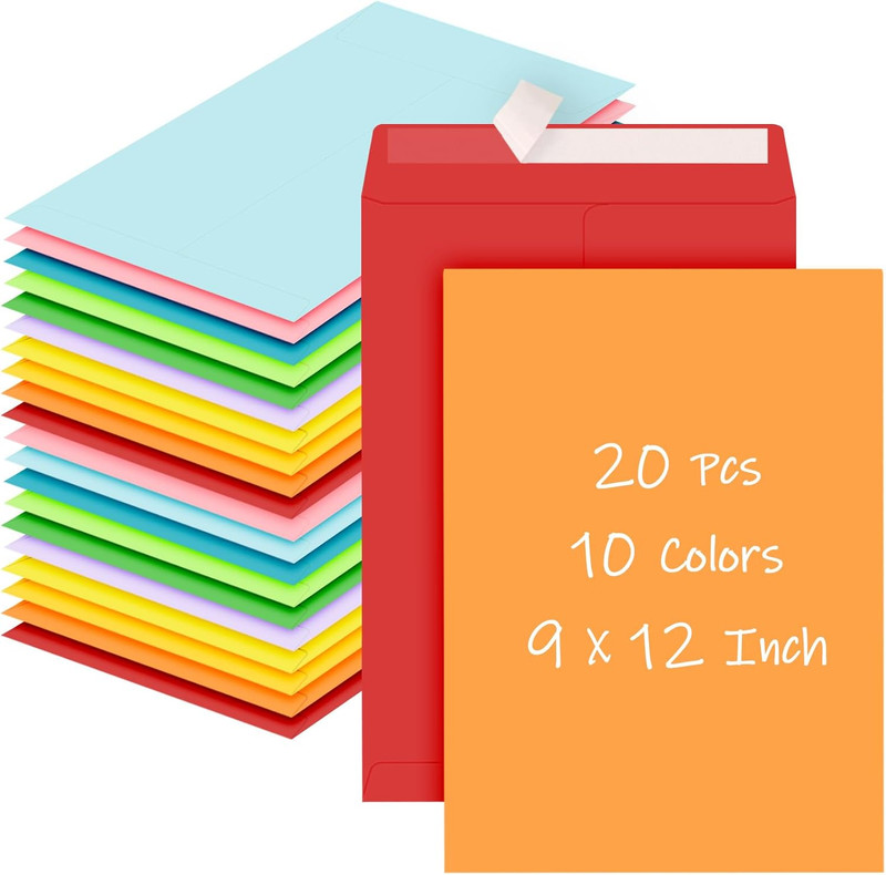Colored 9 X 12 Envelopes, 20 Pcs Mailing Envelopes, Colorful Large Envelope, 10
