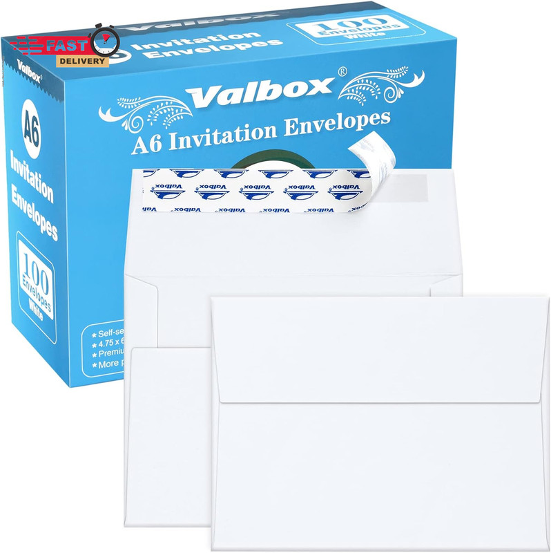 Valbox 100 Qty A6 Envelopes Self Seal 6.5 X 4.75″ White Kraft Paper Invitation E