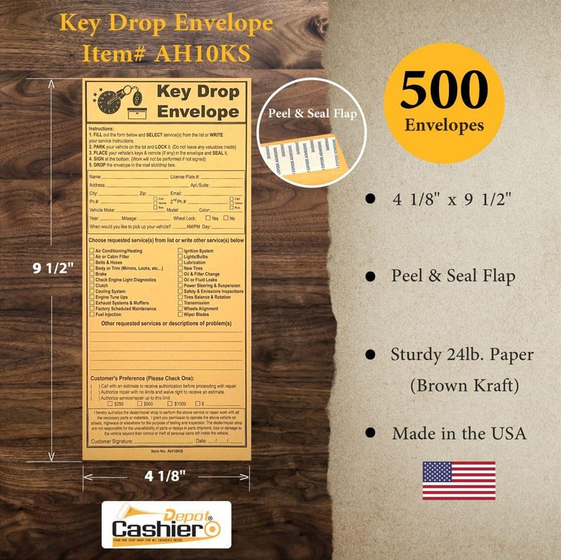 500 Night Key Drop off Envelopes for Auto Shop Repair or Service, 4 1/8" X 9 1/2 gallery