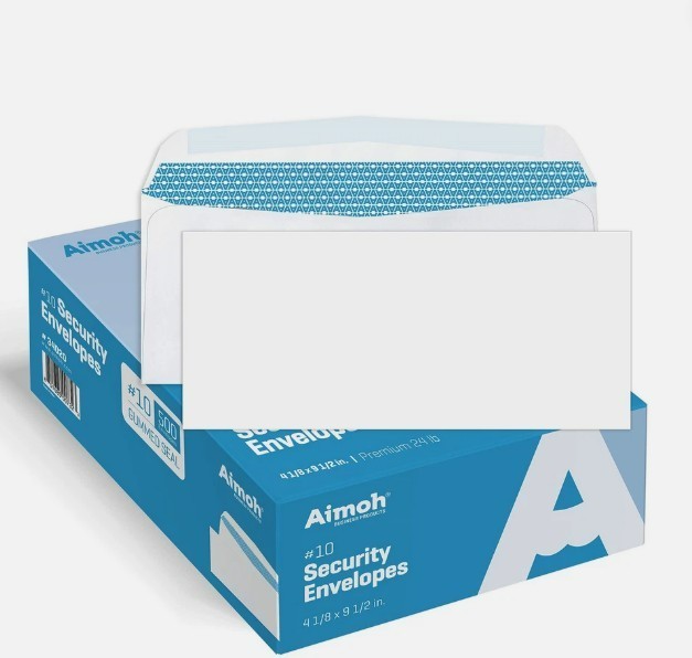New Box 500 qty #10 Security White Envelopes GUMMED Seal Windowless Design
