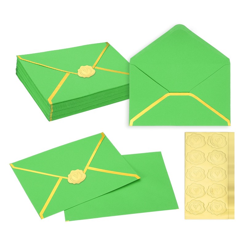 50 Pcs A7 7.3×5.3″ Gold Border Envelopes for Wedding Invitation, Parrot Green