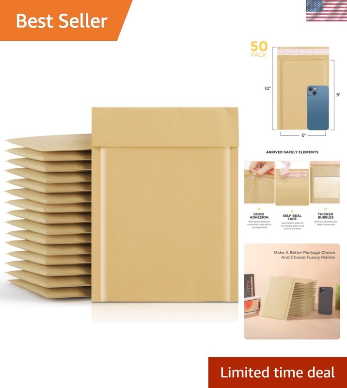 50-Pack Kraft Bubble Mailers 6×10 Inches – Secure Self-Sealing Padded Envelopes