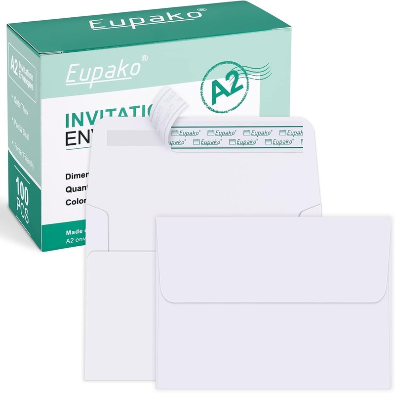 Eupako A2 White Paper Envelopes 100 Pack 4.375X5.75" Invitation Envelopes Self