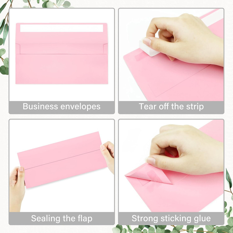 50 Pack #10 Business Envelopes, Self Seal Standard Pink Envelopes for Secure Bus gallery