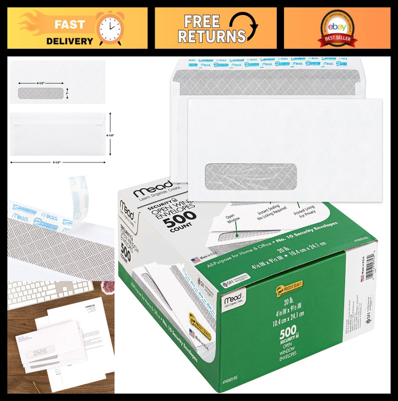 Letter Size Security Envelopes 4-1/8″ x 9-1/2″, Self-Seal, Window, 500 Count