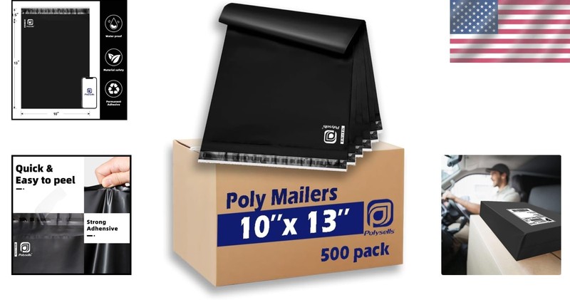 Versatile 500 pcs Black Poly Mailers 10x13'' - Self-Sealing & Waterproof Design gallery