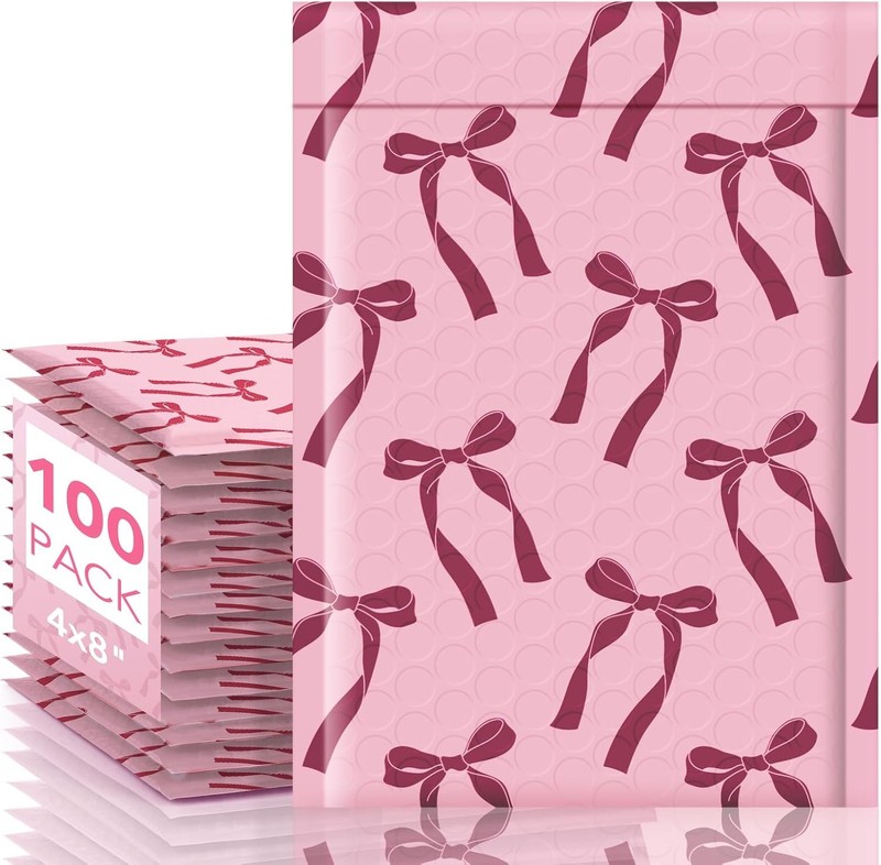 Bubble Mailers 4X8 100 Pack, Pink Bows Cute Design Bubble Envelopes Usable Size