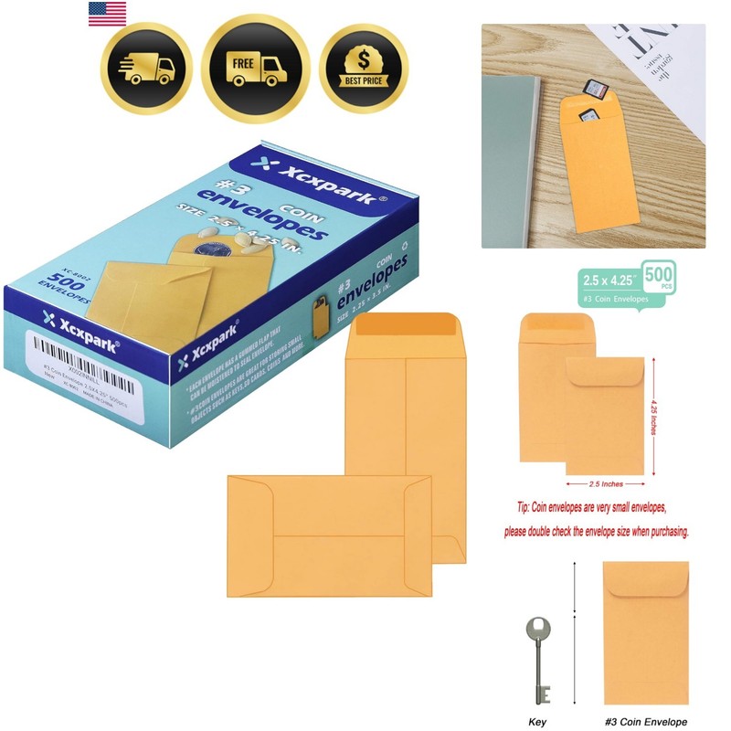 500 PCS Coin Envelopes, 2-1/2” x 4-1/4” inches Brown Kraft Envelopes Classic …