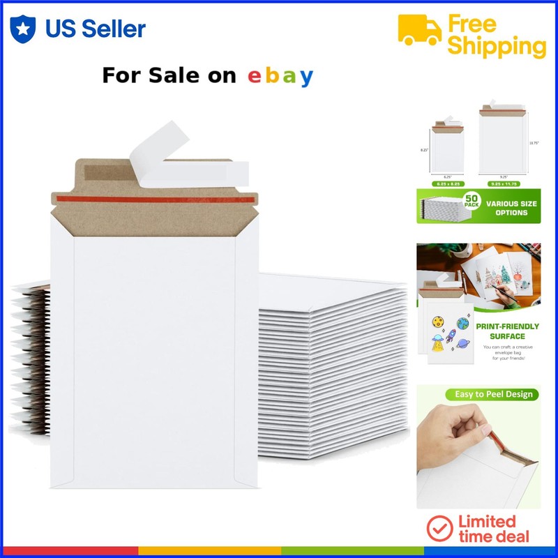 6×8 Self Seal Mailers Pack of 50 White Cardboard Envelopes for Photos Files