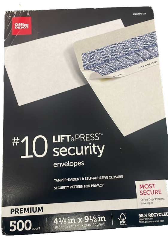 office depot #10 lift and press segurity envelopes 500 count