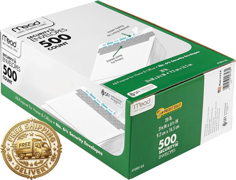 Mead #6-3/4 Envelopes, 3-5/8″ x 6-1/2″, Security Printed Lining for Privacy, Pre