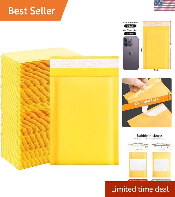 Kraft Bubble Mailers 4×7 Inches, 100 Pack – Self-Sealing Yellow Shipping Bags