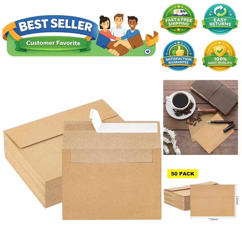 Kraft Paper Envelopes, 50 Pack, 5 x 7 Inch, Brown A7 Envelopes, Self-Seal Car…
