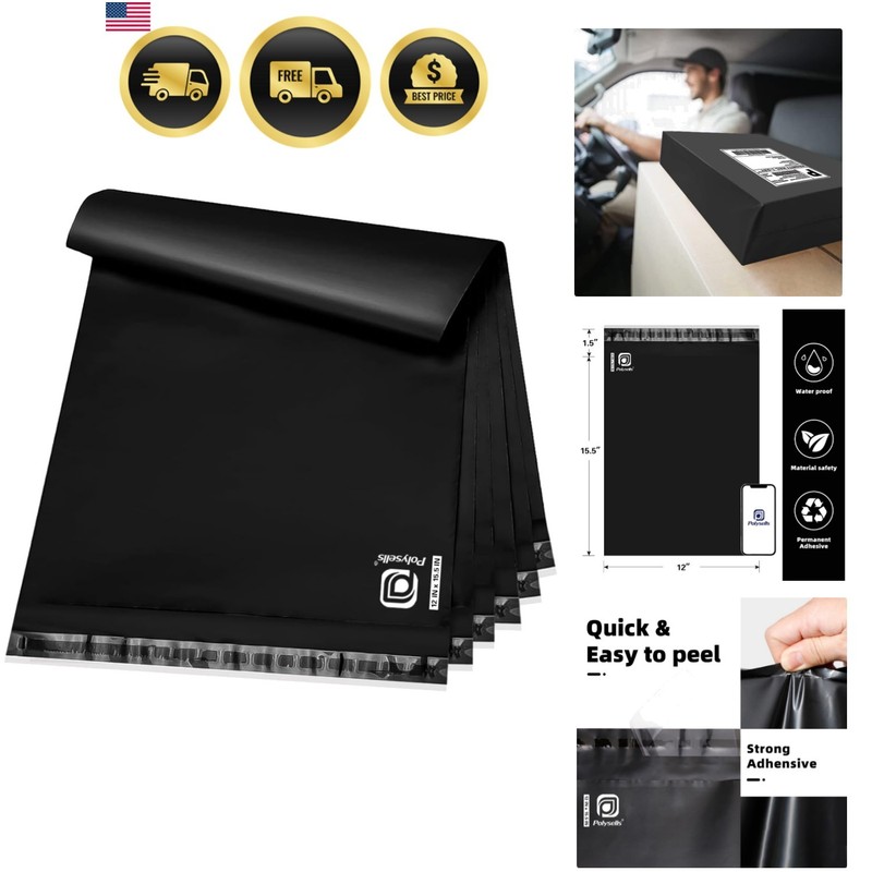 100 pcs 12×15.5 Inches Black Poly Mailers Shipping Envelopes, Strong Adhesive…