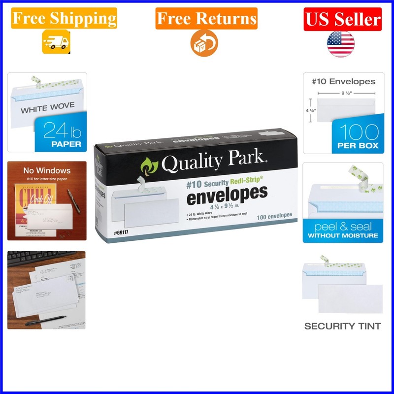White 24lb Security Envelopes, No Window, Self-Seal, 4-1/8 x 9-1/2, 100 pcs