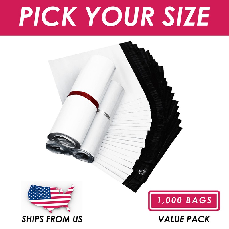 1000 pcs Dirt/Water Blocking White Poly Mailer Shippng Bags in Various Sizes