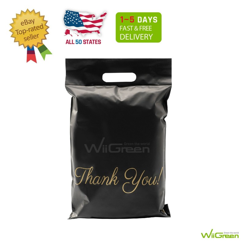 50-150 12×15.5 in Black Poly Mailers with Handle Thank You Shopping Bags