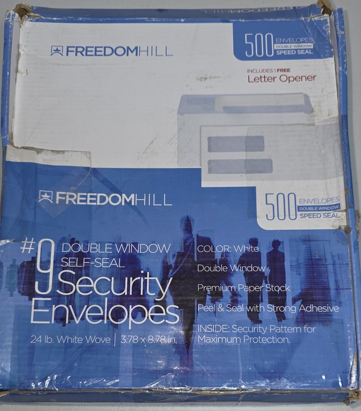 Freedom Hill 500 #9 Double Window Self-Seal Security Envelopes 24lb White Wove