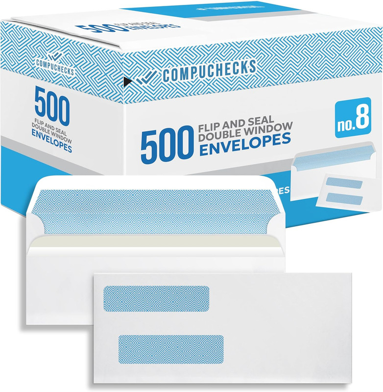 Double Window Envelopes #8- Flip and Seal Flap, Security Business Mailing Check