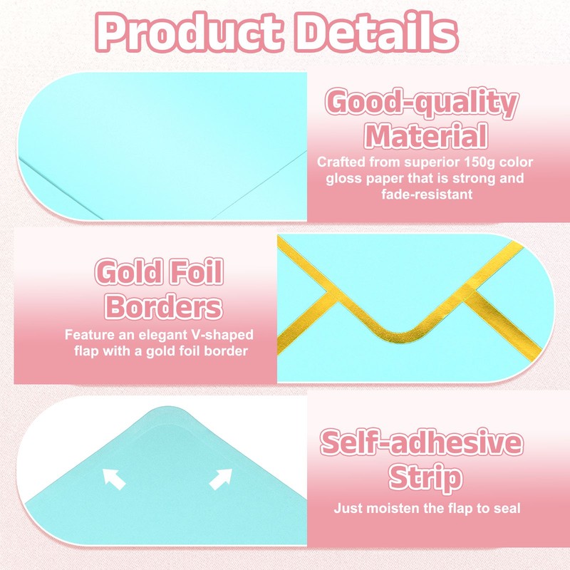100 Pcs A7 7.3x5.3" Gold Border Envelopes for Wedding Invitation, Light Blue gallery